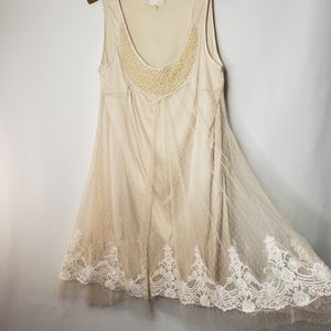 A'reve Dress Sleeveless Cream Lace and Tulle Lined Slip Beaded Scoop Neck